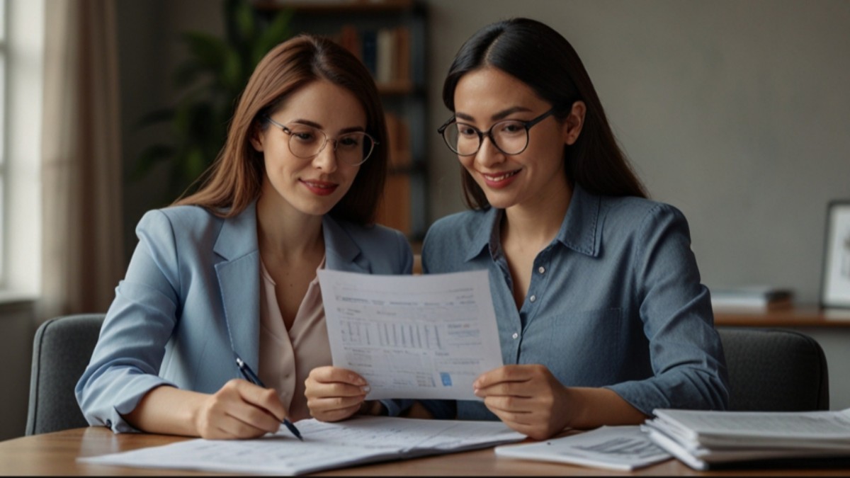 A woman reviewing insurance policies with financial documents on a table