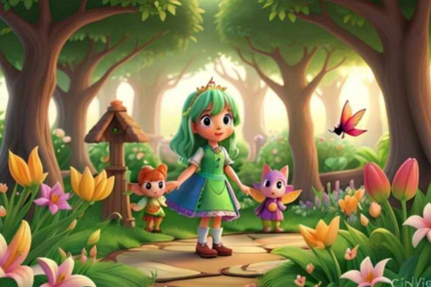 Illustration of Lily in the Enchanted Garden with fairies