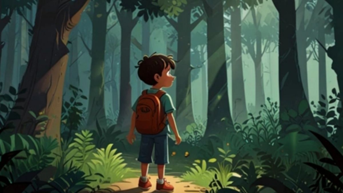 A young boy in a forest, surrounded by trees and wildlife, hearing the forest’s cry