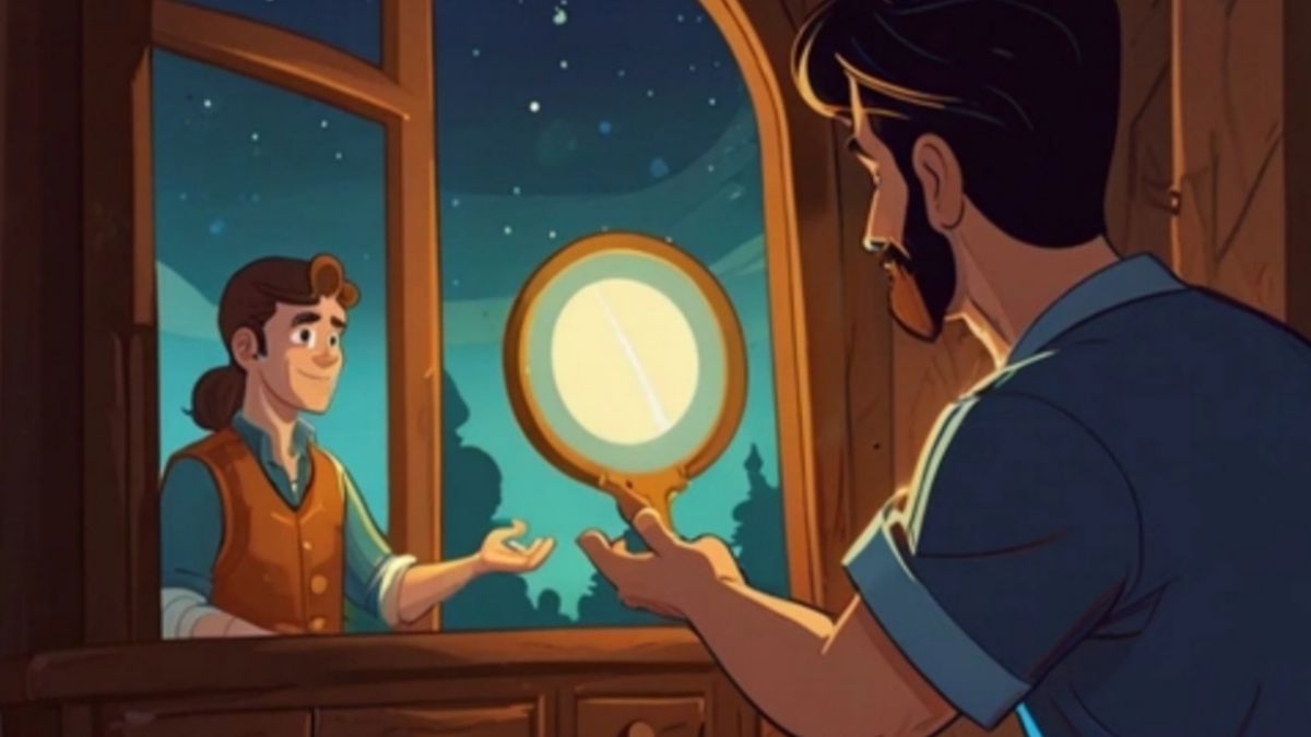 A merchant gazing into a magical mirror, revealing his true inner self