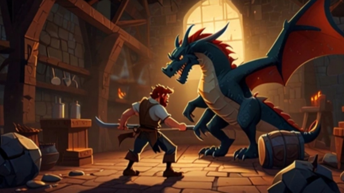 Illustration of the brave blacksmith fighting the fearsome dragon