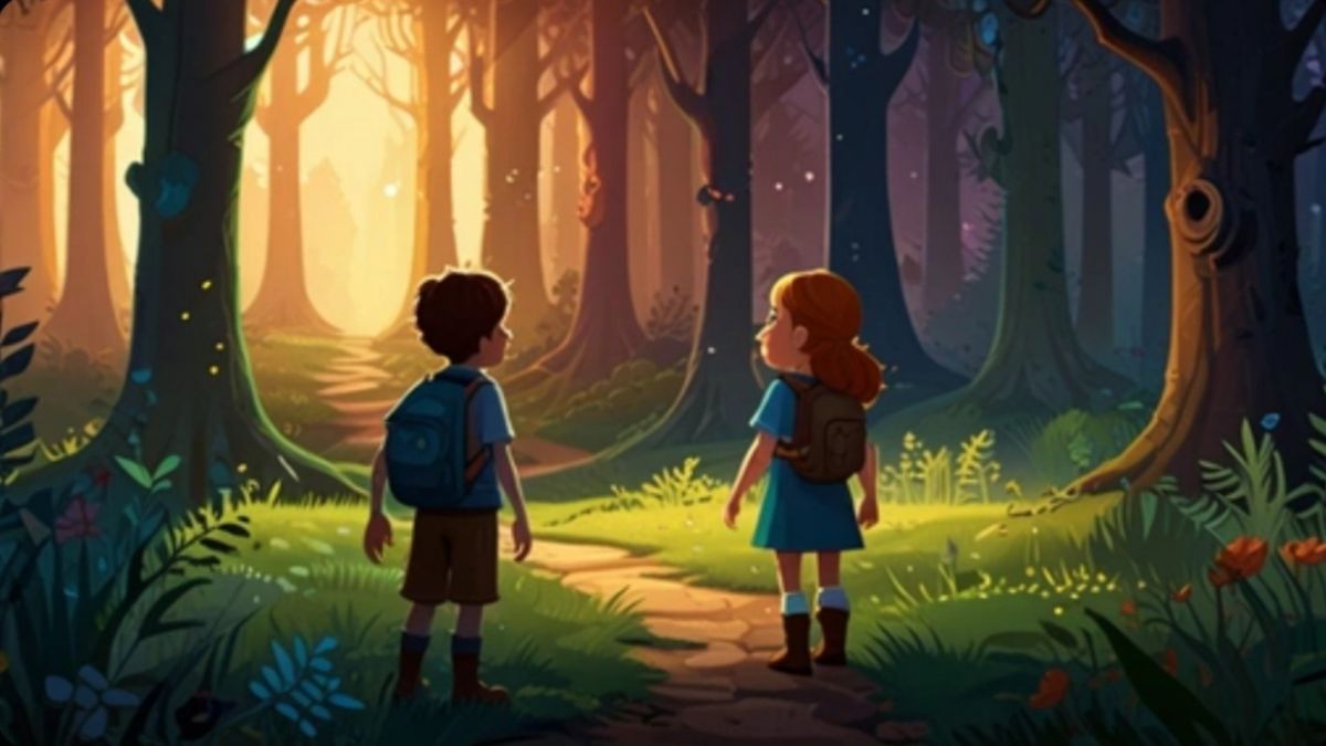 Illustration of the brave siblings entering the enchanted forest