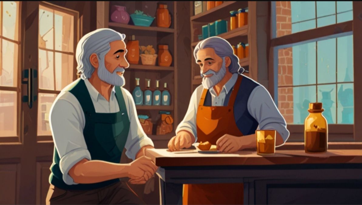 Illustration of Karim helping a beggar in the marketplace