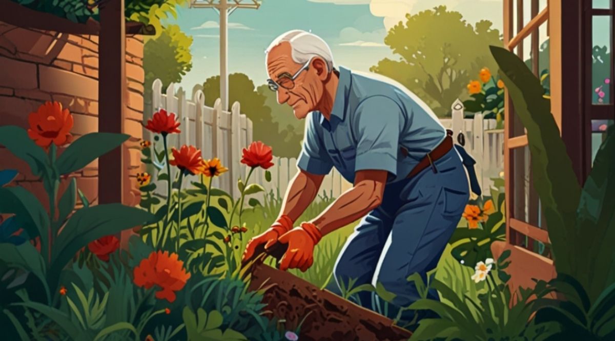 Illustration of Rosa tending to her garden with blooming flowers