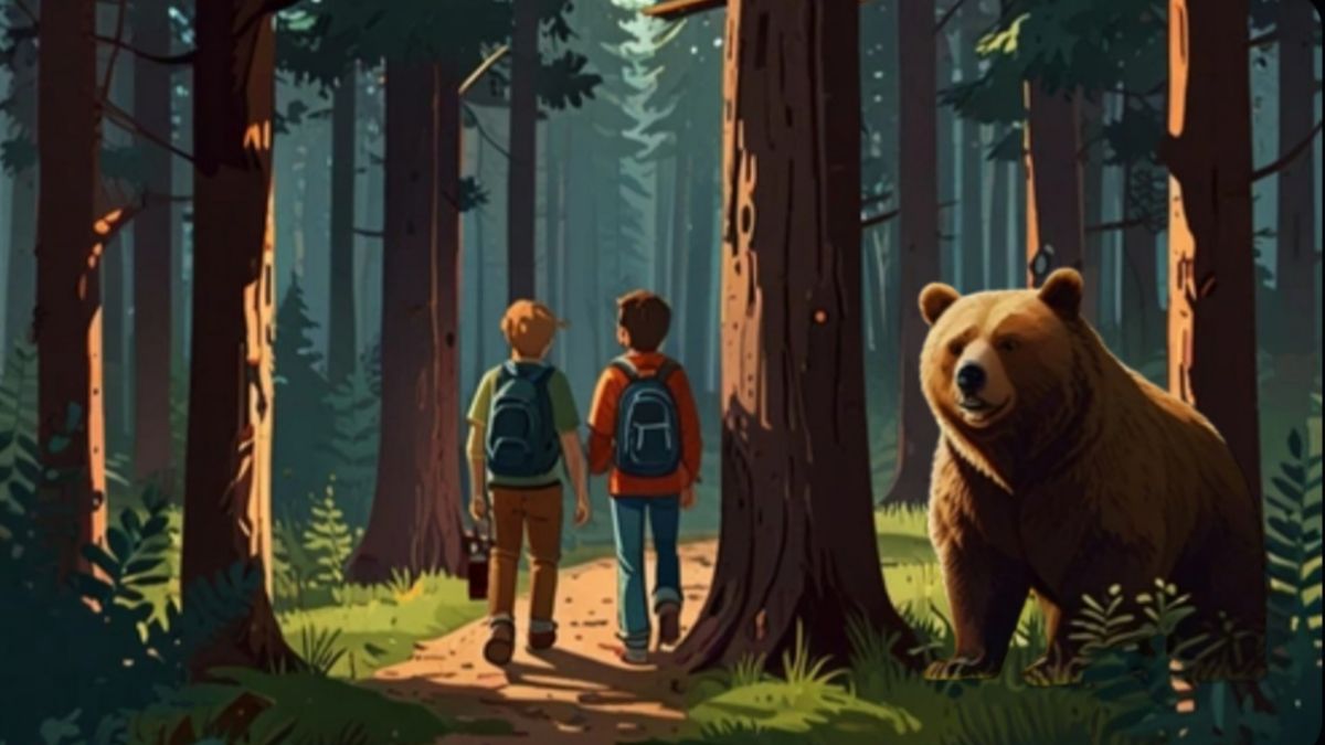 Two travelers facing a dangerous bear in the forest, learning the value of friendship